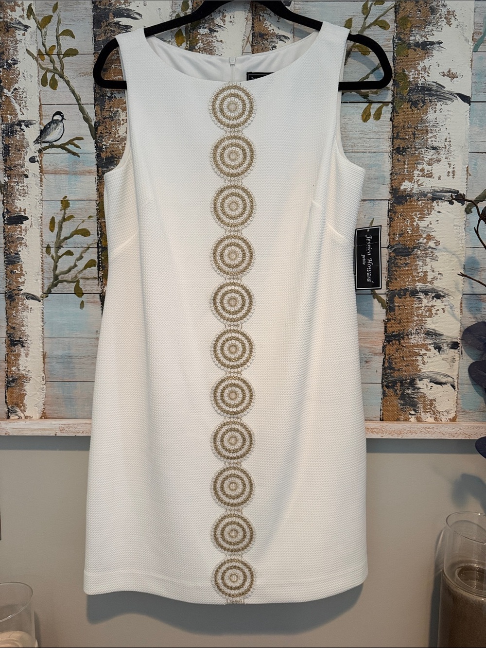 Jessica Howard Cream Sleeveless Midi Dress with Gold Threaded Center Trim